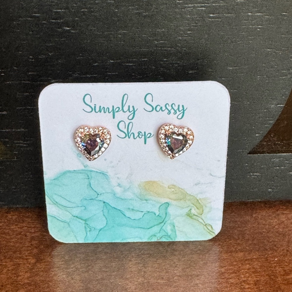 Heart Earrings - Oil Spill Iridescent Heart in Rose Gold